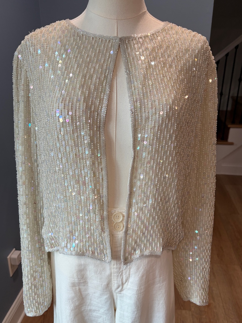 Vintage Laurence Kazar New York Silk Beaded Sequin Jacket Ivory XL